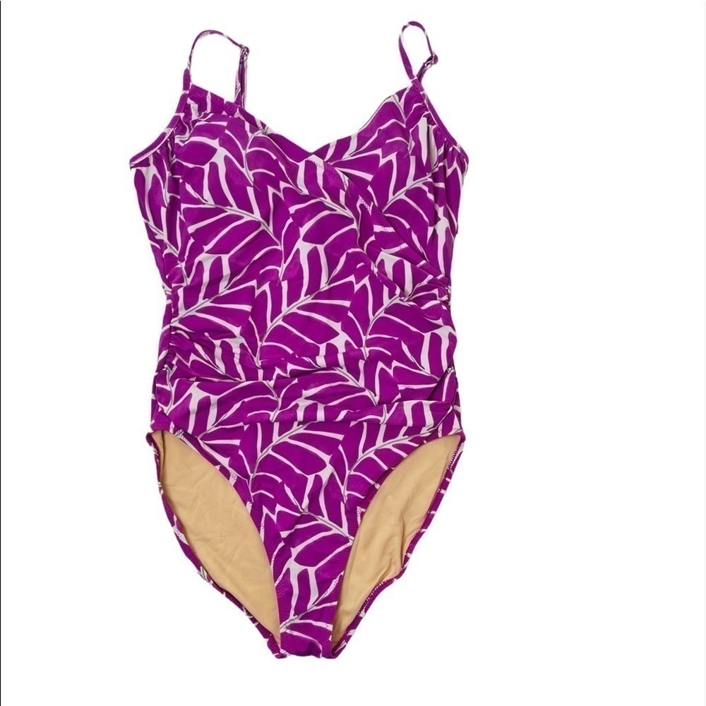GARNET Hill Swimsuit 1 Piece Purple White Grey Pattern Ruched  Sides Size 8
